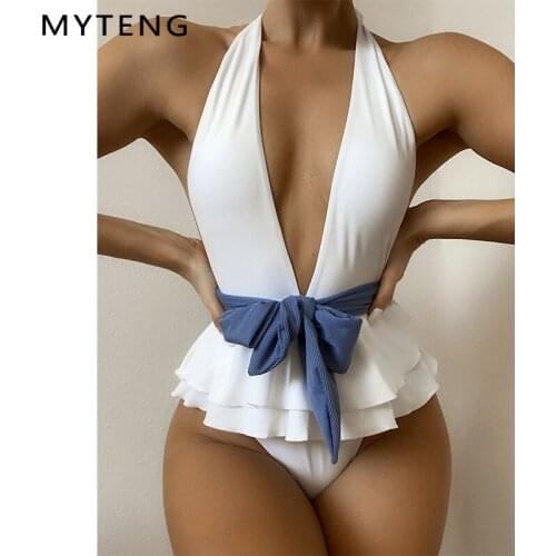 Sexy Solid Deep V-neck One Piece Swimsuit Women Bandage Swimwear Female Ruffle Bathing Suit Beachwear Bodysuit Monokini 2022