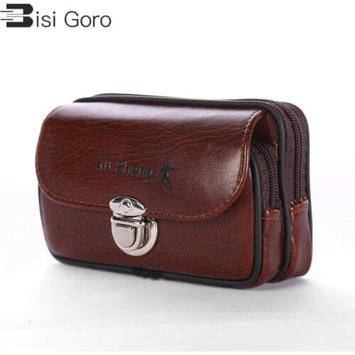 BISI GORO 2021 PU Heuptas Heren Multi-function Phone Coin Waist Bag Vintage on the Belt Outdoor Small Wallet Wear-resistant