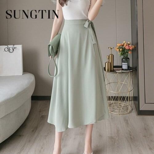 Sungtin OL Elegant Sashes Solid Long Skirt Women Elastic Waist Korean Elegant Female 10 Color Skirt chic Dual-use A Line Skirt