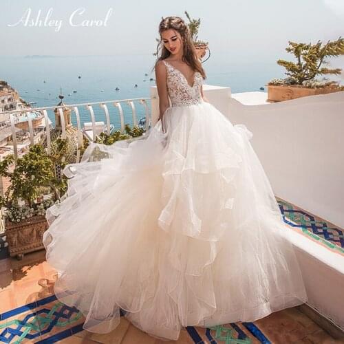 Ashley Carol A-Line Wedding Dress 2021 Glamorous Sweetheart Flowy Ruffles Tulle Bride Beading Sashes Lace Up Beach Bridal Gown