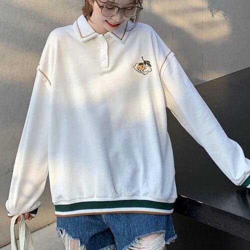 Vintage POLO Collar Letters Print Oversized Sweatshirt Women for Teen Girls Harajuku New Spring Korean Kawaii Clothes Pullovers
