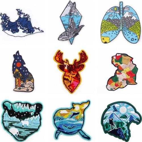 Nature Adventure Patch Waves Iron On Patches For Clothing Enbroidered Patch On Clothes Whale Thermo-Stickers On Jacket DIY