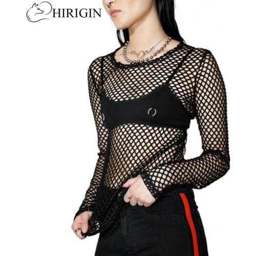 Women Fishnet Exposed T-Shirt Gothic Hipsters Vintage Casual Tops Loose Summer Sheer Mesh Tops T Shirt