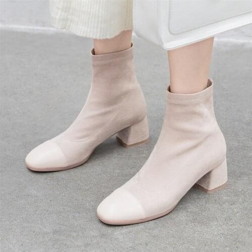 Plus Size 34-43 New Slim Stretch Ankle Boots for Women Square Toe Sock Boots Square High Heel Boots Shoes Woman Fashion Feminina