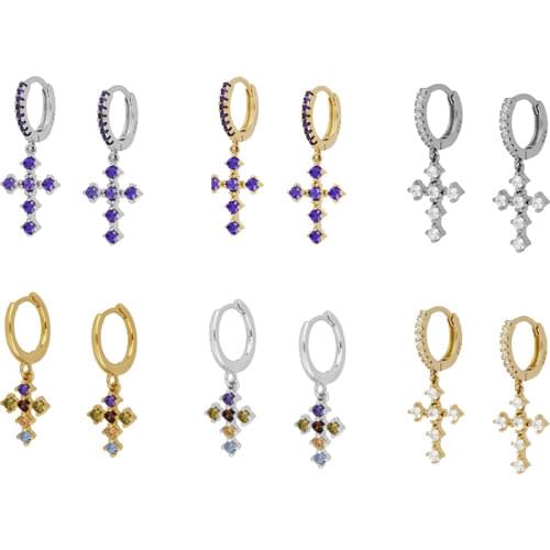 925 Sterling Silver Rainbow/Purple/White Zircon Cross Pendant Hoop Earrings for Women Simple Circle Earrings Fashion Jewelry