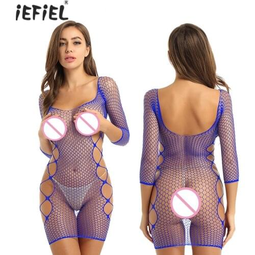 Women One-piece Erotic Dresses Nightwear Hollow Out Fishnet See-through Bodystocking Lingerie Mini Dress Female Babydoll Chemise