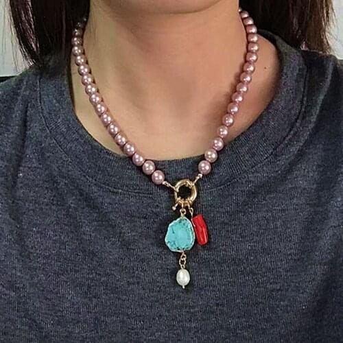 Bohemian pink pearl necklace blue pine pendant women necklace retro charm jewelry Baroque fashion 2019 new original wholesale