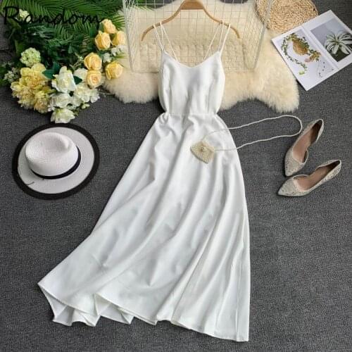 High Quality Women Summer Backless Party White Yellow Dress V Neck Spaghetti Strap Sleeveless Beach Boho Sexy Solid Dresses 2021