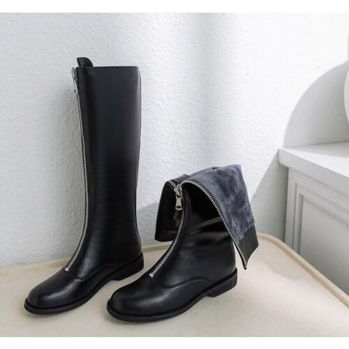 Winter Riding Boots Women Natural Genuine Leather Zip Flat Knee High Boots Patent Leather Long Shoes Ladies Fall Size 43