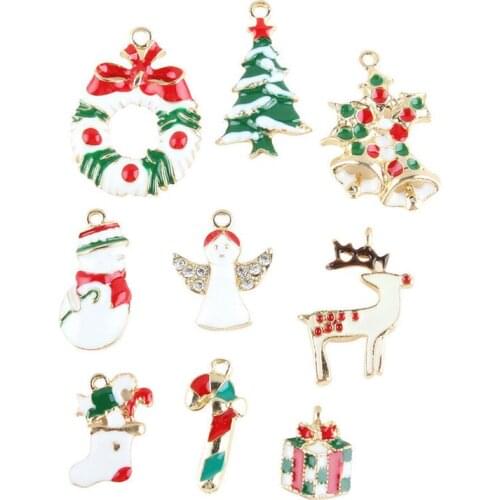 10pcs Angel Tree Christmas Charms Enamel Pendant Gifts Box Snowman Bell Earrings Accessory Handmade Ornaments DIY Material YZ512
