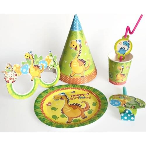 36pcs/set Cartoon Dinosaur Party Disposable Tableware Cups Plates Hats Straw Birthday Party Supplies Kids Baby Shower Boy Green