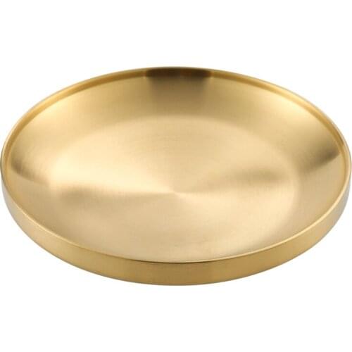 Double insulated 304 stainless steel plate Korean gold disc Dinner plate Flat bottom fruit tray dinner set plates and dishes
