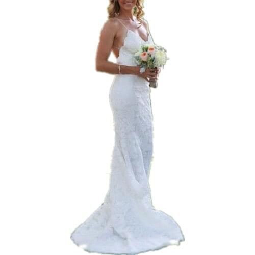 Charmingbridal Spaghetti Scalloped Lace Wedding Gown Mermaid Floor Length Backless Beach Bridal Dresses Size 2 4 6 8 10 12 14 16