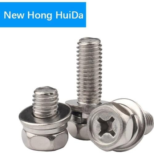 M3 M4 M6 M8 M10 Hex Cross Recessed Bolt with Washer Three Sem Hexagon Machine Metric Three Combination Screw 304 Stainless Steel