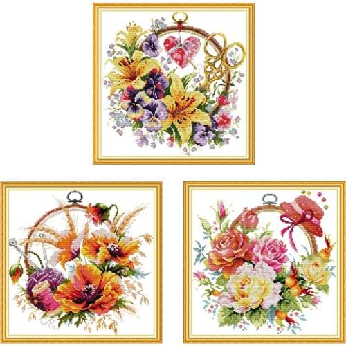 Various Flower Basket Series Cross Stitch Kit Lily Rose Poppy Aida 14ct 11ct White Cloth Embroidery Kit DIY Manual Needlework