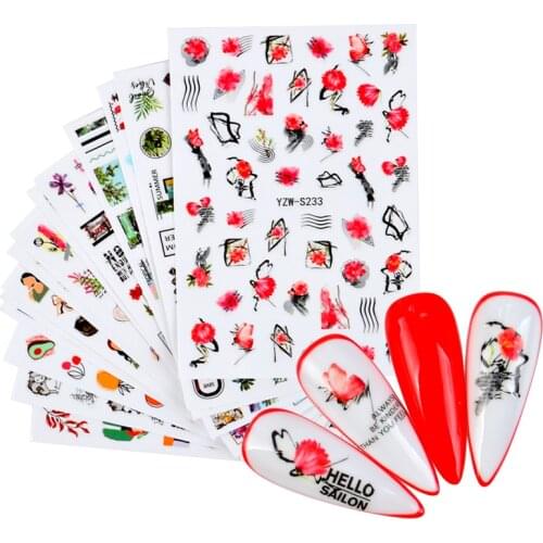 1Pcs Sexy Girl Geometric Lines Nail Adhesive Stickers Spring Simple Flower Leaves Decals Slider DIY Nail Art Decoration