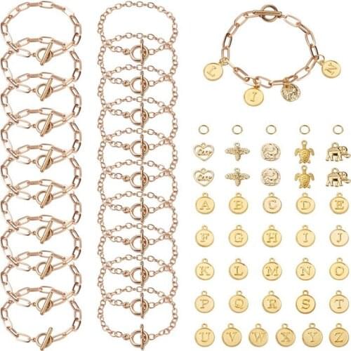Pandahall 20pcs Alloy Bracelets Making Cable Chain Bracelet Paperclip Chain Alphabet Letter Pendant Jump Ring Handmade Craft