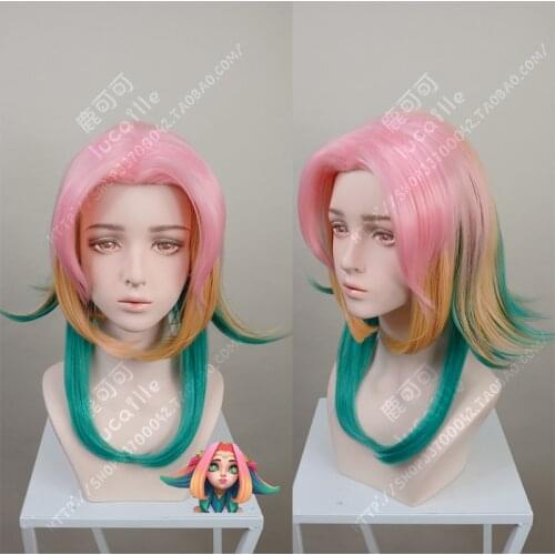LOL Star Guardian Neeko Cosplay Wigs Short Mixed Color Game Cosplay Wig Heat Resistant Synthetic Hair Halloween + Wig Cap
