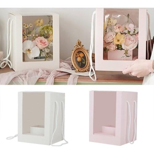 1pc Flower Gift Paper Boxes Clear Window Transparant Square Shape Portable Gift Box with Handle Rope Packing Boxes Wrapping Bags