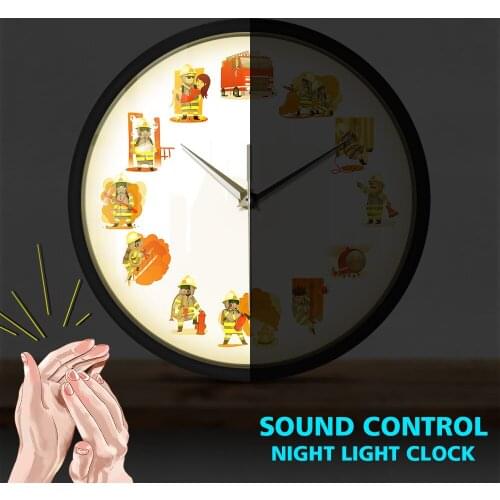 Fireman At Work Fire & Rescue Voice Control Wall Clock Comic Style Firefighter Team Quiet Sweep Quartz Watch LED Light Lamp