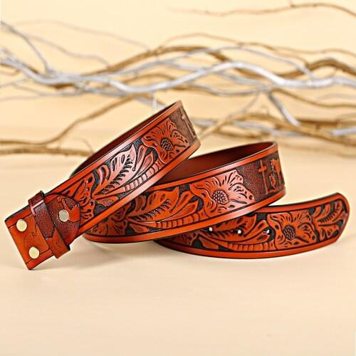 Western cowboy carved cross belt Mens leather pray belts Screw movement can be cut length