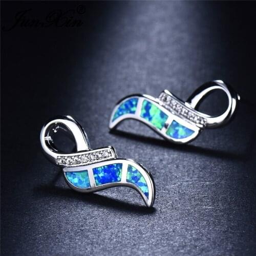 JUNXIN Cute Angel Wings Stud Earrings For Women Silver Color Blue White Fire Opal Studded Earring Female Jewelry