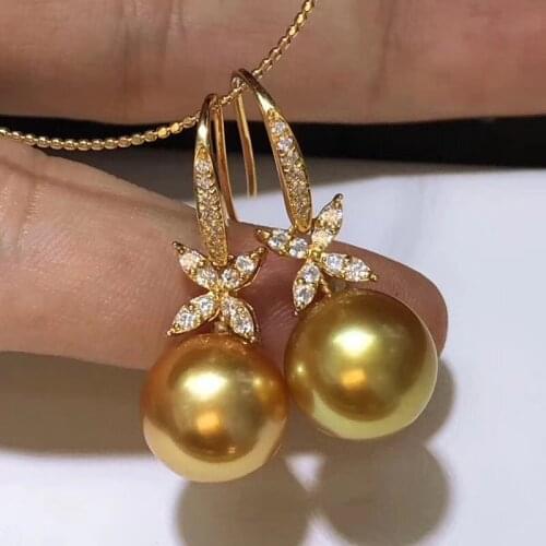 D510 Pearls 10-9mm 925 Sterling Silver Fine Jewelry Fresh Water Golden Pearls Dangle Earrings for Women Fine Pearl Earrings