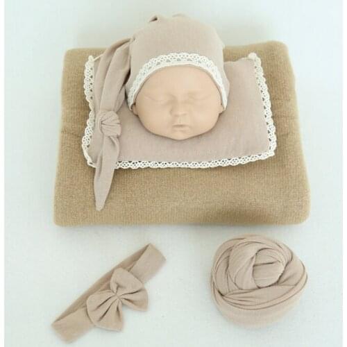 Vintage Photo Set Newborn Stretch Knit Blanket Wrap Baby Sleep Hat Headband and Posing Pillow Set Photography Props
