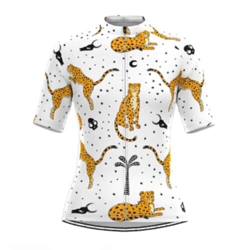 Womens Short Sleeve Cycling Jersey White Leopard Bike Top Mountain MTB Road Bike Cycling Breathable Quick Dry Sports Clothing