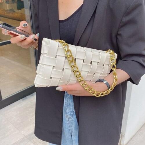 Women Weave Small PU Leather Crossbody Bags Solid Color Shoulder Handbags Chain Cross Body Bag