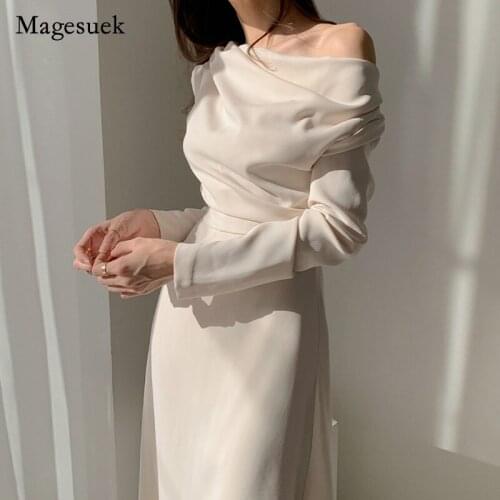 2021 Long Sleeve Office Ladies Long Dresses Vestidos Slash Neck Black White Party Dress Female Spring Summer Dress Women 13067