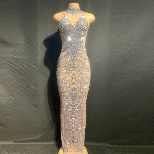Sparkly Rhinestones Mesh Long Dress Womens Birthday Celebrity See Through Net Dress Stage Costume Dance Outfit