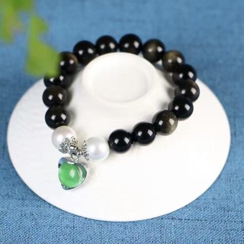 Gold Natural Obsidian Bracelets With Pearl Cat Eye Heart Shaped Pendant Lucky for Men Women Energy Stone Hand String Jewelry