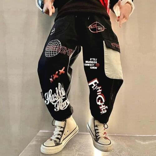 Boys Pants Casual Trendy Letter Design Ribbon Cotton Multi-Pocket Cargo Pants Kids Trousers 5 6 7 8 9 10 11 12 Years Boy Hip Hop