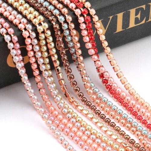 New ABS Colorful Pearl with claw Chain Copper Gold Rose Base Cup SS6/2mm Pearl Chain Apparel Sewing diy Craft Clothes Accessorie