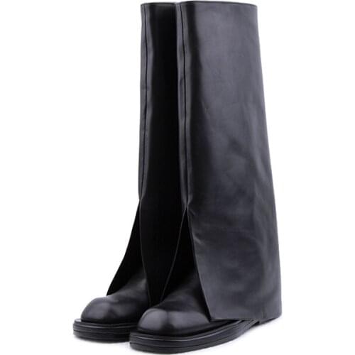 Black Boots Women Genuine Leather Knight Boots Woman Round Toe Motorcycle Boots Flats Knee High Boots Women Runway ShoesRALSWNAY