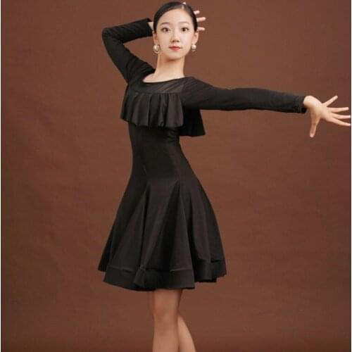 ChildrenS Latin Dance Practice Clothes Girls Long Sleeve Black/Red Ballroom Dance Competition Dress Rumba Dancewear DQL4421
