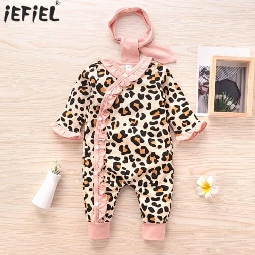 Baby Girls Romper Cotton Infant Baby Flare Sleeve Ruffles Leopard Printed Jumpsuit Romper+Headband 2pcs Newborn Bodysuit Clothes