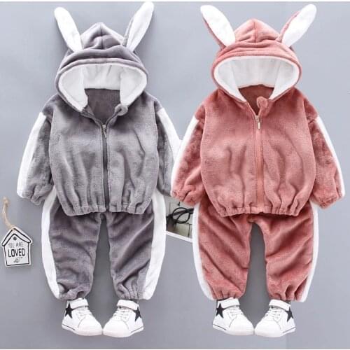 Childrens winter pajamas suit boys girls cartoon cute hooded home service childrens pajamas thick plush warm baby 2pcs suit
