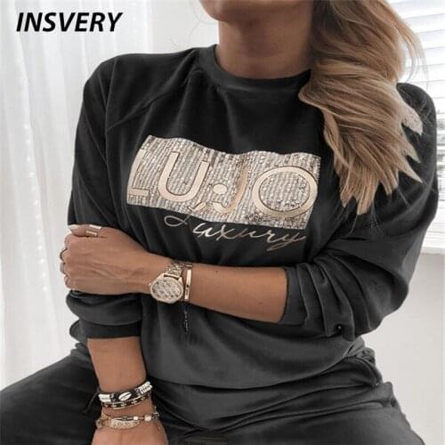 Elegant Velvet Ladies Trouser Suit Women Letter Print Long Sleeve Lady Shirt Fashion Loose Comfort Warm Pullover Sweatshirt