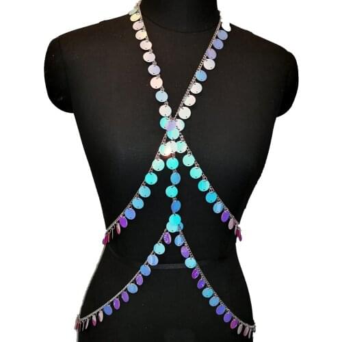 Holographics Disco Seascale Crop Top Belly Waist Belt Chain Necklace Rave Bra Festival Costume Wear Belly Dancer Jewelry CRS604