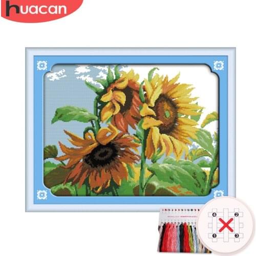HUACAN Cross Stitch Sunflower Kit Needlework Embroidery Floral Sets White Canvas DIY Gift Home Decoration 11CT 14CT