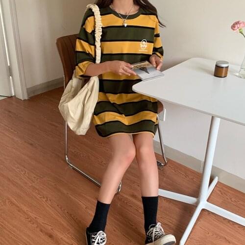 Kawaii Yellow Striped Girly Style T-Shirt Female Harajuku Top Short-Sleeved Korean Clothes Aesthetic Female Summer Clothes 2021