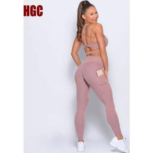 HGC Yoga Set Gym Women Sportwear Naked-feel Fabric Soft Fitness Suit Pocket Sport Leggings And Top Push-up Sexy Workout Clothes