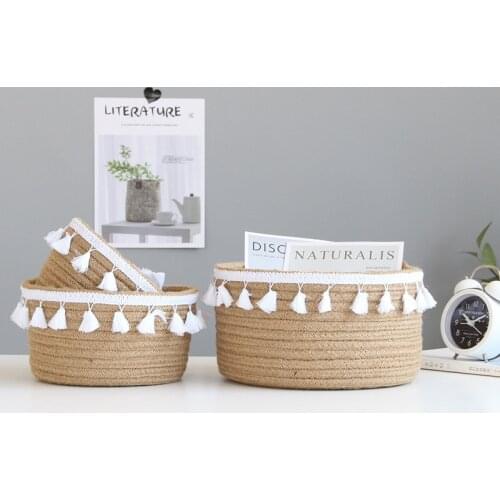 Handmade Storage Basket Weaving Sundries Storage Baskets Tassels Cosmetic Book Organizer Kids Toys Container for Home Decor