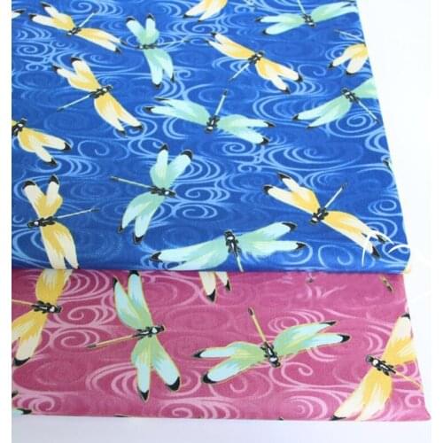 Beautiful Japanese Style Gold Stamping Blue Rosepink Dragonfly Pinted Cotton Trwill Floral Cotton Fabric For Baby Cloth Quilting