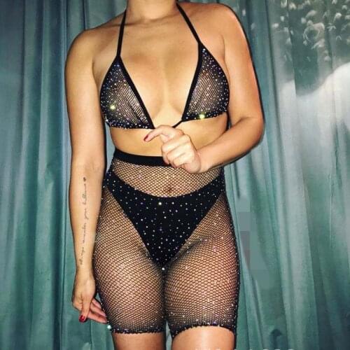 Sexy women fishnet mesh sheer bikini cover ups diamond shiny sequined sparkle high waist Leggings shorts pants beach wear