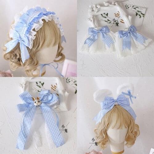 Japanese-Style Sweet Light Blue Plaid Lolita Hairband Hair Clip Soft Sister Small Object Side Clip Lace Bow Hairband