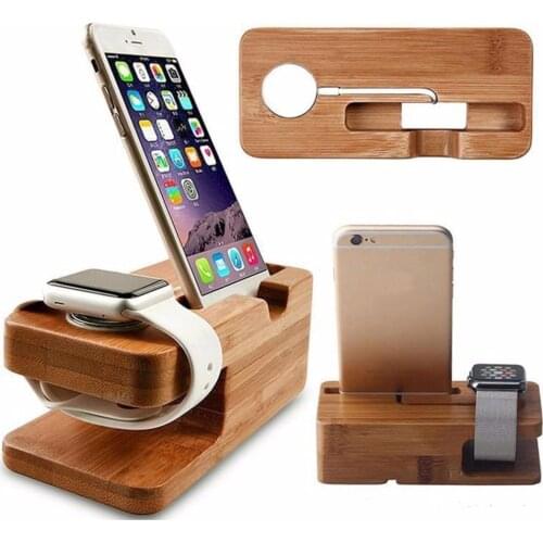2 in 1 Bamboo Wood Desktop Stand for iPhone iPad Tablet Phone Stand Holder Charger Charging Dock Station for Apple Watch