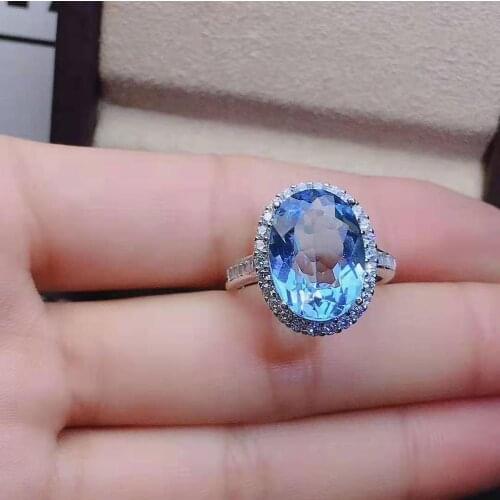 Natural Blue Topaz S925 Pure Silver Romantic Oval Ring Fine Fashion Wedding Jewelry for Women